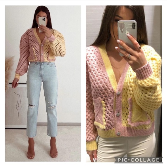 Zara Sweaters - ZARA eyelet chunky knit oversized cardigan with jewel buttons